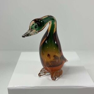 MCM Murano Sommerso Glass Duck Figurine Glass Duck Italian Green Amber 4.5 Inch